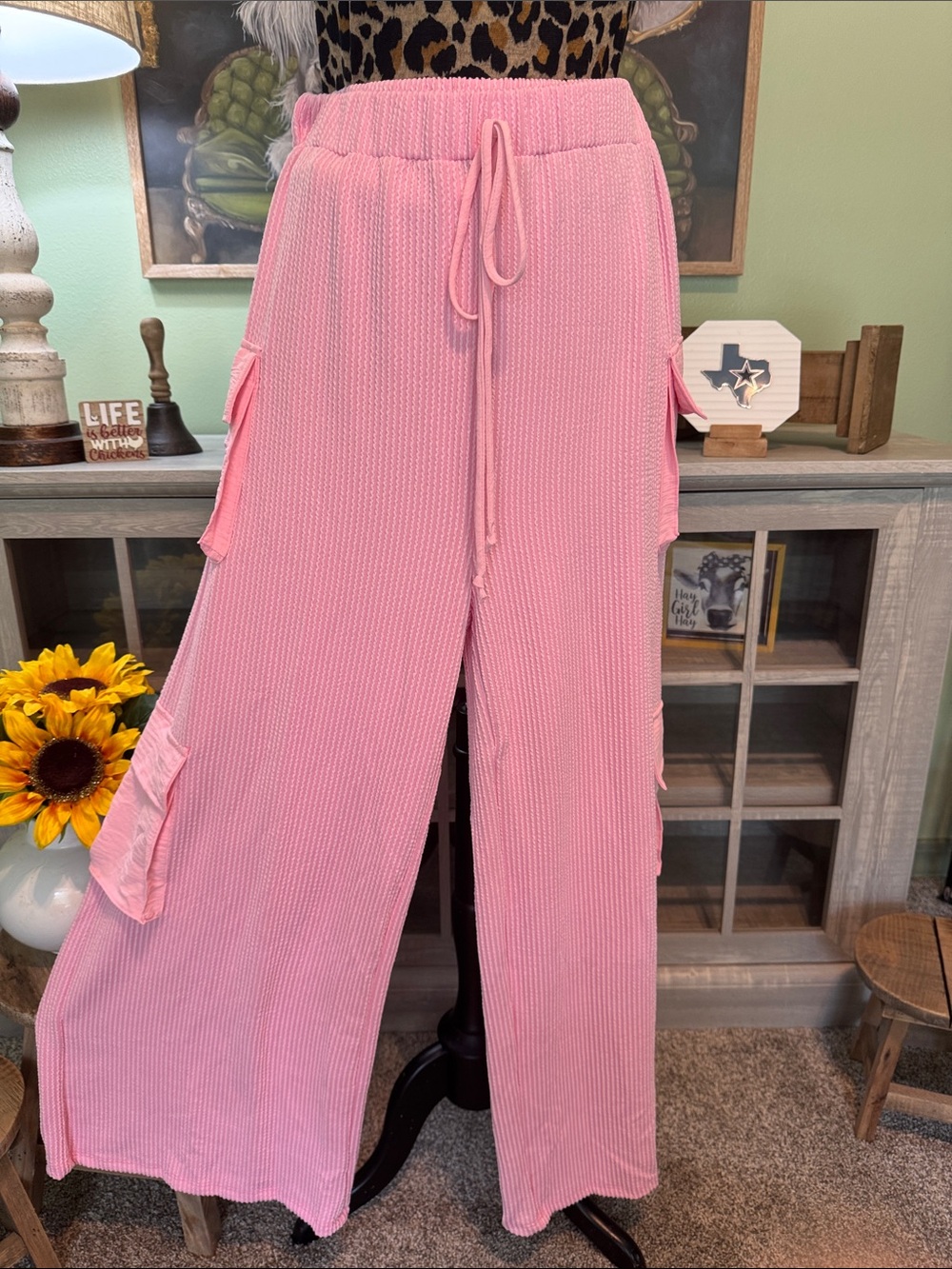 Bucketlist Pink Waffle Knit Cargo Pocket Lounge Pants Size L